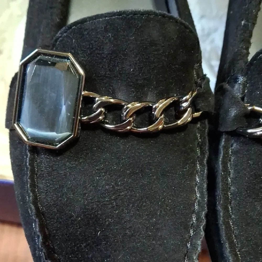 Stuart Weitzman Black Suede Loafers with Chain Detail